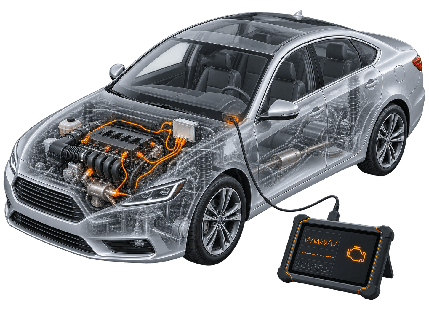 Engineering-style cutaway illustration of a car highlighting engine-control components beside a diagnostic tablet displaying a check-engine symbol