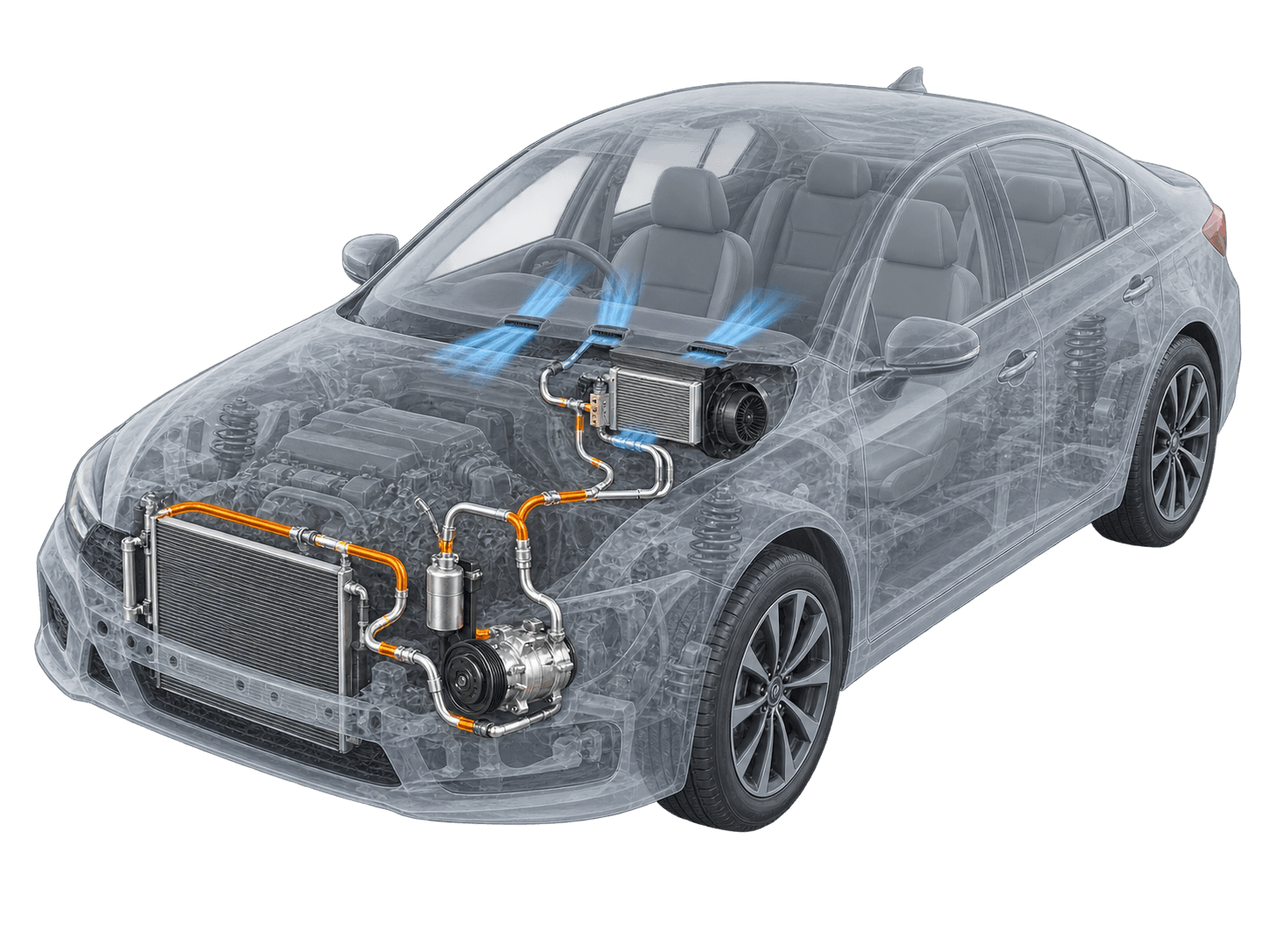 Engineering-style cutaway illustration of a transparent car showing the A/C compressor, condenser, refrigerant lines, and evaporator with cool airflow