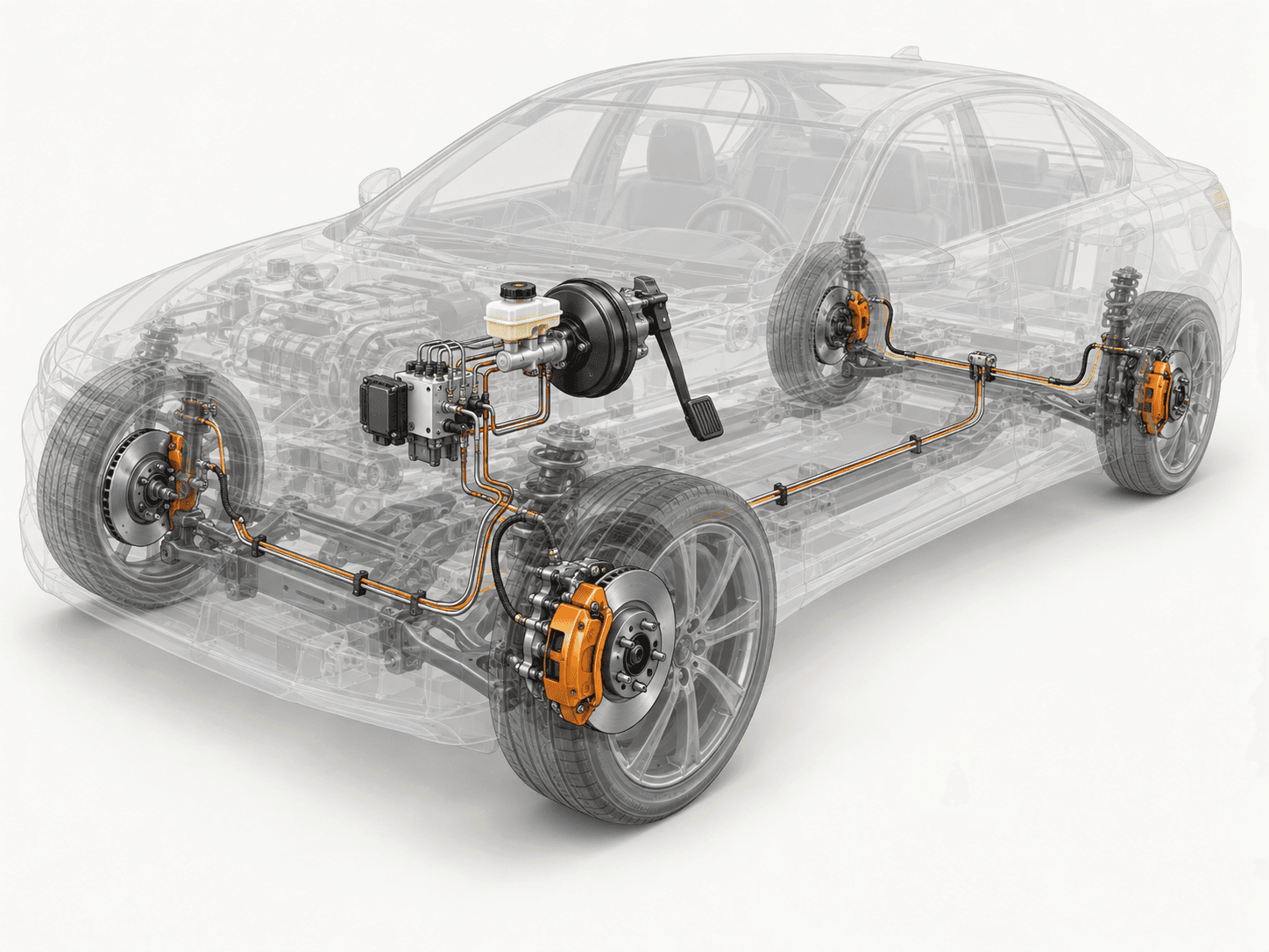 Engineering-style cutaway illustration of a transparent car showing brake rotors, calipers, hydraulic lines, and the master cylinder