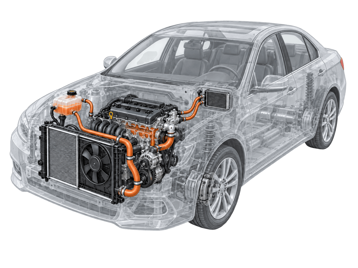 Engineering-style cutaway illustration of a transparent car showing the radiator, cooling fan, coolant reservoir, engine, and hoses