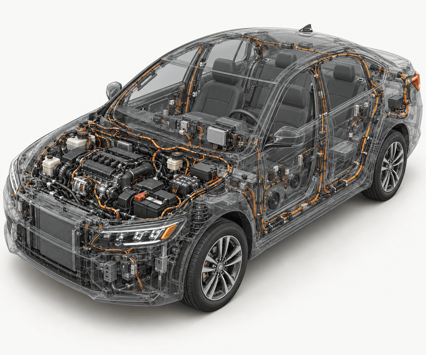 Engineering-style cutaway illustration of a transparent car showing wiring harnesses, control modules, battery, and alternator