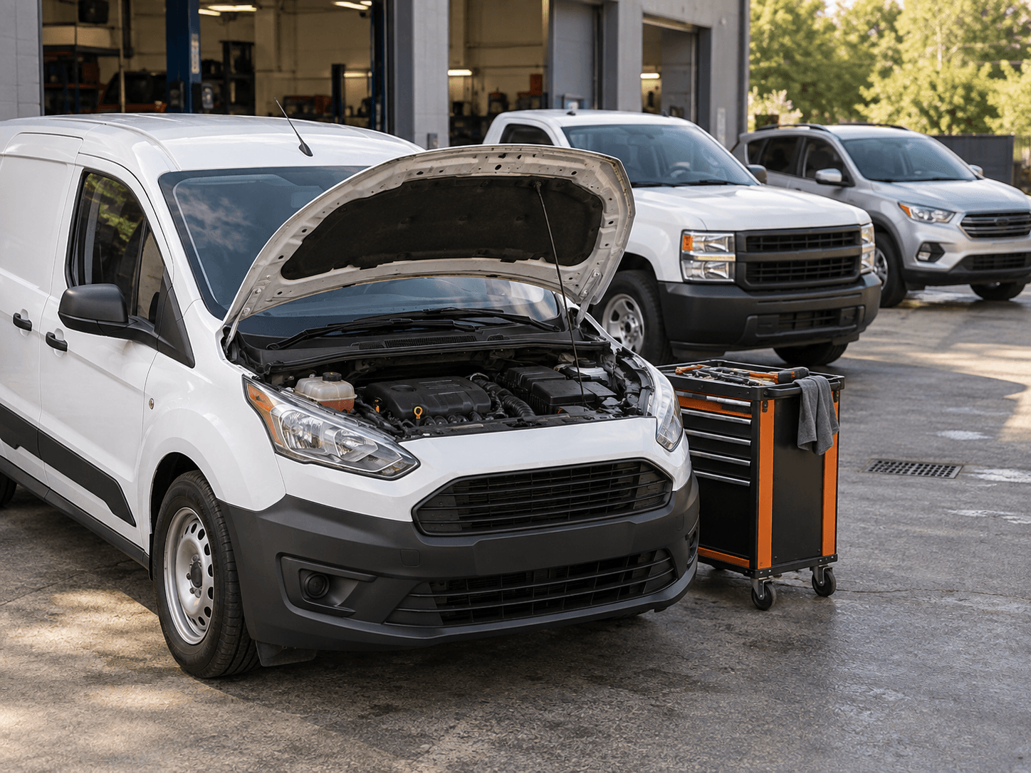 Illustration of a work van with its hood open beside a pickup, SUV, and maintenance tools