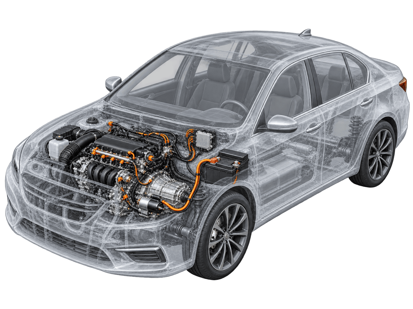 Engineering-style cutaway illustration of a transparent car highlighting the battery, starter, engine, and engine-control connections
