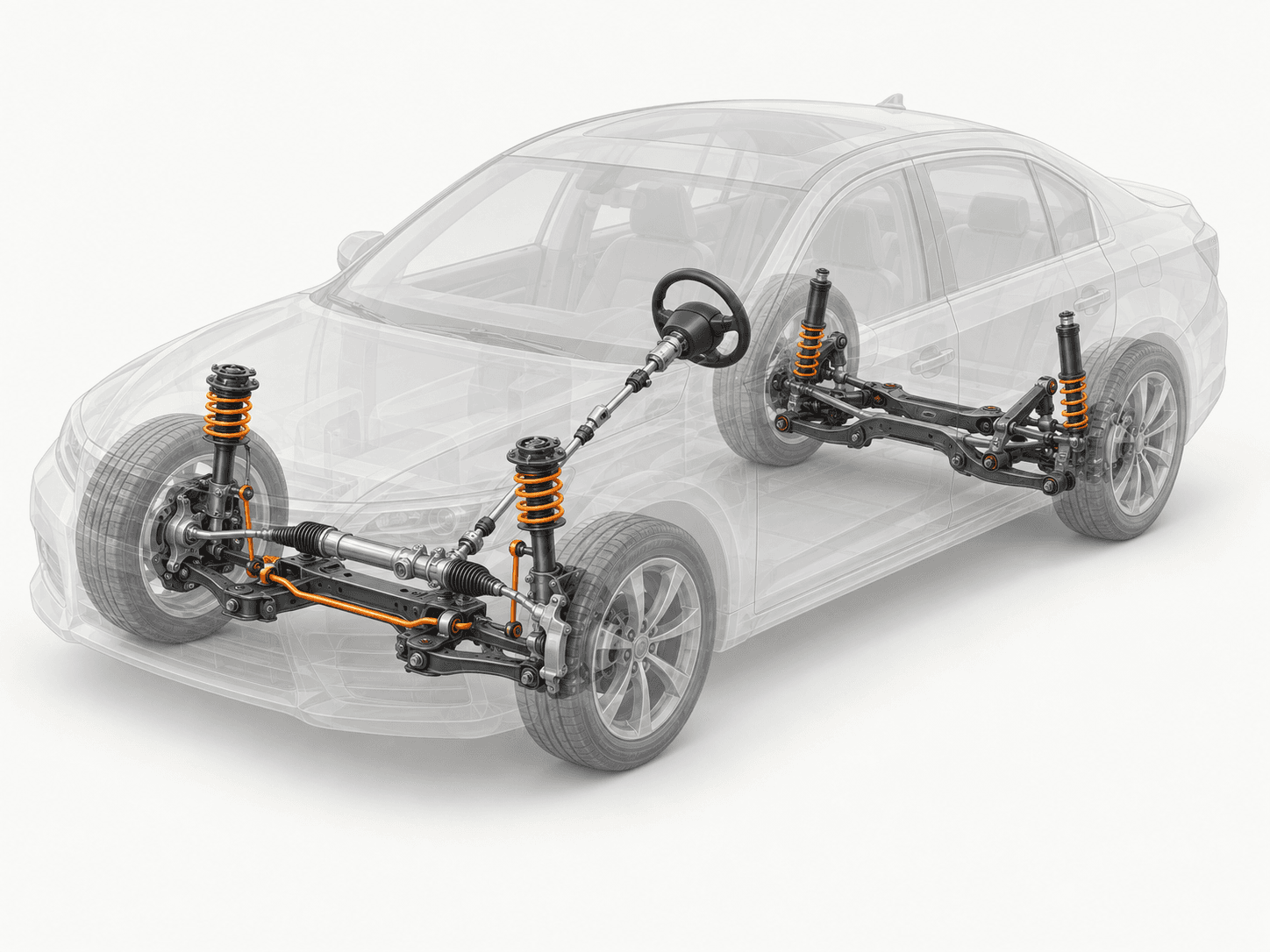 Engineering-style cutaway illustration of a transparent car showing suspension springs, struts, control arms, and rack-and-pinion steering
